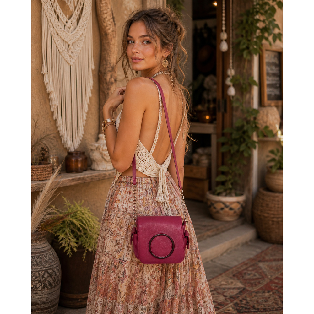Boho Faux Leather Crossbody Bag Pink Chain Strap Ring Detail Flap Purse Festival